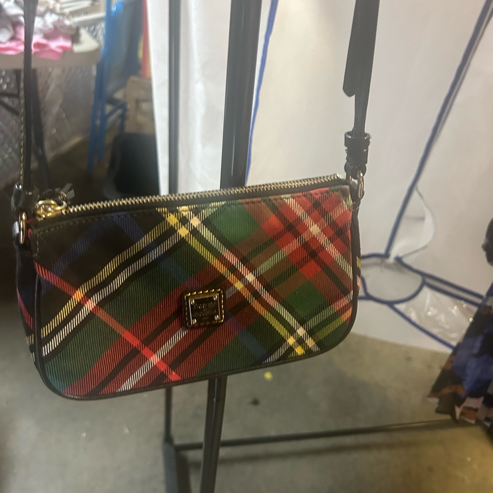 Dooney & Bourke Red and Green Crossbody Bag with Plaid Design